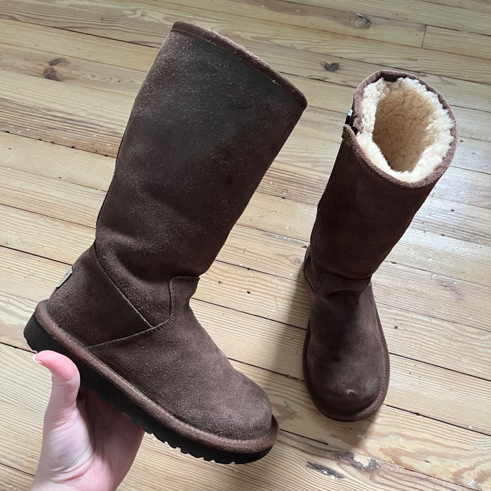 UGG Australia Tall Boots Kids Size 1 Brown Suede Shearling Zip Up Winter Shoes